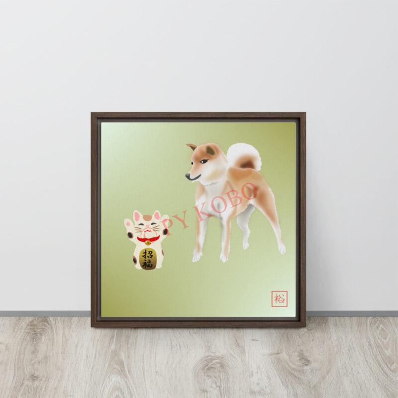 Dog and Manekineko framed-canvas-(in)-brown-16x16-front